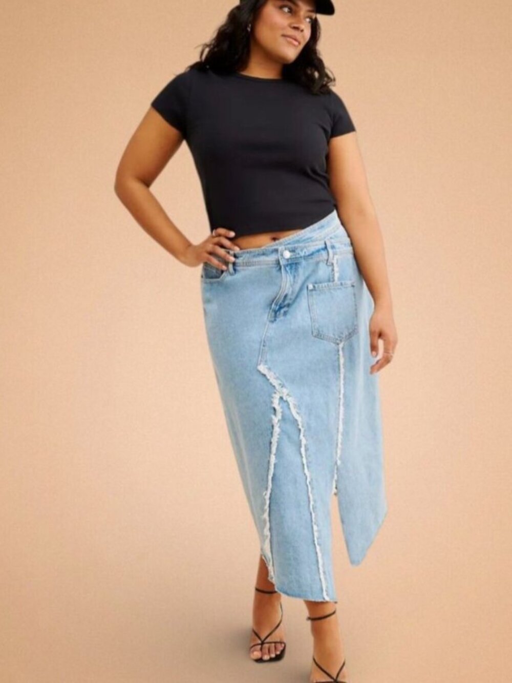 Eloquii 💚 Denim Midi Maxi Skirt 16 Deconstructed Raw Seam Distressed